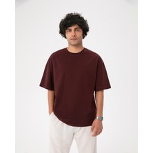 Ayma Active Erkek Bordo Kahverengi  Oversize T-Shirt - Organik Pamuk, Düşük Omuz, Geniş Kalıp, Bisiklet Yaka, Spor Görünüm