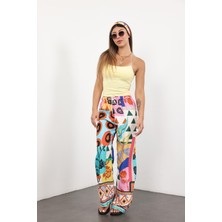 Mavi Beli Lastikli Desenli Saten Pantolon 29725