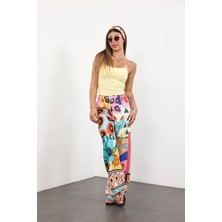 Mavi Beli Lastikli Desenli Saten Pantolon 29725