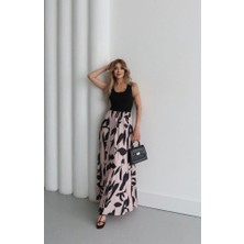 Kadın Askılı Yuvarlak Yaka Üst Viskon Alt Desenli Uzun Süprem Elbise