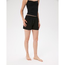 Ayma Active Kadın Siyah Büzgülü Pijama Boxer - EcoVero™ Viskoz, Mini Boy, Büzgülü Bel, Ön Düğmeli, Evde Rahat ve Esnek Pijama Boxer