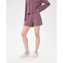 Ayma Active Kadın Lila Büzgülü Pijama Boxer - EcoVero™ Viskoz, Mini Boy, Büzgülü Bel, Ön Düğmeli, Evde Rahat ve Esnek Pijama Boxer