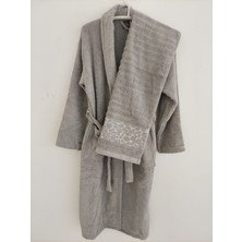 Gri Renkli %100 Pamuklu Jakarlı Taş İkili Bornoz Seti