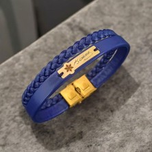 Archin Atatürk Imzası Temalı Lacivert Derili Kar Tanesi Motifli 14 Ayar Altın Plakalı Bileklik-435SEMBOL