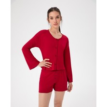 Ayma Active Kadın Kırmızı Volanlı Pijama Üstü - EcoVero™ Viskoz, Düğmeli, Geniş Yaka, Half-Crop, Manşet ve Etek Volanlı