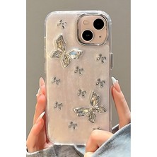 Apple iPhone 13 - 14 - 15 Kılıf Simli Fiyonk ve Kelebek Desenli Gümüş Kamera Çıkıntılı Parlak Kapak