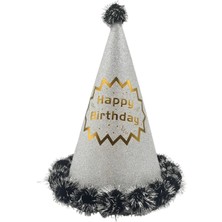 Dodomar 40 cm Baş Çevresi – 25 cm Simli Gümüş Ponponlu Happy Birthday Doğum Günü Şapkası