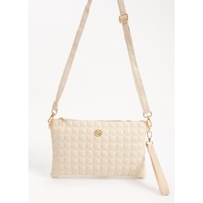 Sanmorris Kadın Suni Deri Krem Renkli Ayarlanabilir Çapraz ve El Askılı Portföy, Clutch Çanta