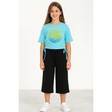 Minigimin Cicileri (9-14 Yaş ) Oversize Yanı Büzgülü Croplu Kız Çocuk kapri takım - Açık Mavi