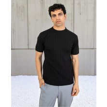 Voguemet Erkek Bisiklet Yaka Örgü Tişört | Yazlık Kısa Kollu Slim Fit Kazayağı Dokulu