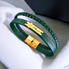 Archin Ahmet İsmine Özel Çiçek Motifli 14 Ayar Altın Plakalı Yeşil Derili Hediye Bileklik-436İsim