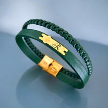 Archin R Harfine Özel 14 Ayar Altın Plakalı Yeşil Derili Çiçek Motifli Hediye Bileklik-436Harf