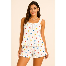 Kalp Baskılı Yumuşak Dokulu Ip Askılı Şortlu Örme Pijama Takımı