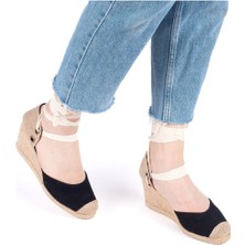 Gerçek Elişi Siyah Ipli Dolgu Topuk Keten Espadril Handmade