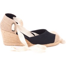 Gerçek Elişi Siyah Ipli Dolgu Topuk Keten Espadril Handmade