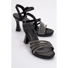 Kadın Biyeli Taşlı Topuklu Sandalet Siyah Saten