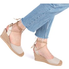Gerçek Elişi Bilekten Bağcıklı Topuğu Açık Dolgu Topuk Keten Hasır Kadın Espadril Handmade