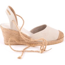 Gerçek Elişi Bilekten Bağcıklı Topuğu Açık Dolgu Topuk Keten Hasır Kadın Espadril Handmade