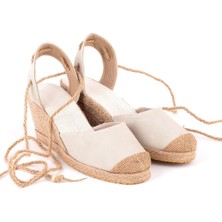 Gerçek Elişi Bilekten Bağcıklı Topuğu Açık Dolgu Topuk Keten Hasır Kadın Espadril Handmade