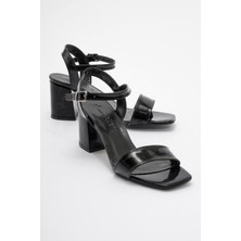 Tek Bantlı Kadın Topuklu Sandalet Siyah Rugan