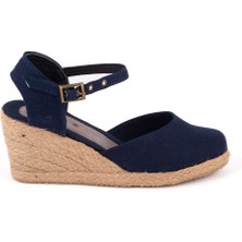 Gerçek Elişi Topuğu Açık Bilekten Bantlı Dolgu Topuk Keten Hasır Kadın Espadril Handmade