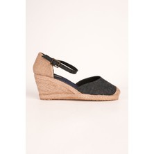 Gerçek Elişi Hasırlı Keten Espadril Dolgu Topuk Handmade