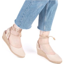 Gerçek Elişi Topuğu Açık Bilekten Bağlamalı Dolgu Topuk Keten Hasır Espadril Handmade