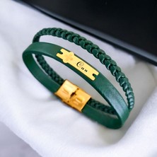 Archin Can İsmine Özel Çiçek Motifli 14 Ayar Altın Plakalı Yeşil Derili Hediye Bileklik-436İsim