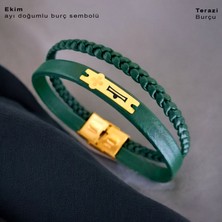 Archin Ekim Ayı Doğumlarına Özel Çiçek Motifli 14 Ayar Altın Plakalı Yeşil Derili Hediye Bileklik-436AY