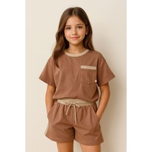 Miniğimin Cicileri 7-14 Yaş Ribana Detaylı Çocuk Şortlu Takım - Kahve