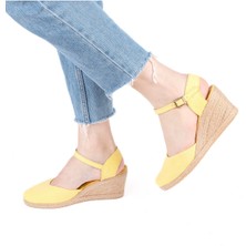 Gerçek Elişi Topuğu Açık Bilekten Bantlı Dolgu Topuk Keten Hasır Kadın Espadril Handmade