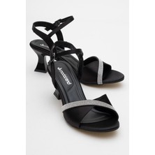 Tek Sıra Taşlı Kelebek Kadın Topuklu Ayakkabı Siyah Saten