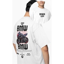 Unisex Biker Life B M W Sırt Baskılı Tişört, Oversize Motorsiklet Temalı T-Shirt