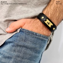 Archin Yay Burçalrı İçin Doğal Siyah Derili Oval Motifli 14 Ayar Altın Plakalı Hediye Bileklik-438BURÇ