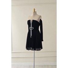 Siyah Taşlı Piliseli Mini Abiye 58387