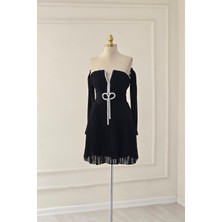 Siyah Taşlı Piliseli Mini Abiye 58387