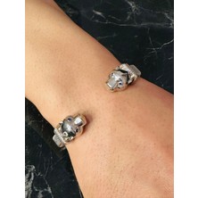 Moda Kulesi Mücevherat Gümüş Kaplan Başı Erkek Bileklik Mavi Safir Göz Beyaz Taşlı,Kararmaz Çelik Bant Detaylı, Şık Bileklik
