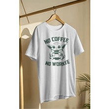 Fuddy Moda Unisex No Coffee No Workee Yazılı Tişört, Oversize Baby Yoda Temalı T-Shirt