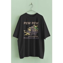 Fuddy Moda Unisex Pew Pew Masafakas Yazılı Tişört, Oversize Baby Yoda Temalı T-Shirt