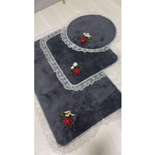 3'lü Antrasit Özel Tasarım Jel Kaymaz Taban Post Peluş Banyo Paspas Takımı (60X100-60X50-50X50 (Oval)