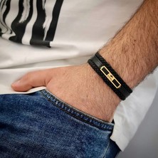 Archin Göktürk Temalı Siyah Derili Dikdörtgen Figürlü 14 Ayar Altın Plakalı Hediye Bileklik-437SEMBOL