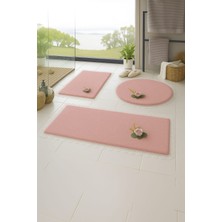3'lü Pembe Özel Tasarım Jel Kaymaz Taban Post Peluş Banyo Paspas Takımı (60X100-60X50-50X50 (Oval)
