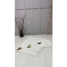 3'lü Beyaz Özel Tasarım Jel Kaymaz Taban Post Peluş Banyo Paspas Takımı (60X100-60X50-50X50 (Oval)
