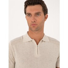 Cacharel Erkek Ekru Slim Fit Keten Karışımlı Fermuarlı Polo Yaka Triko T-Shirt 50300822-VR019