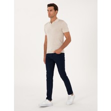 Cacharel Erkek Ekru Slim Fit Keten Karışımlı Fermuarlı Polo Yaka Triko T-Shirt 50300822-VR019