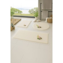 3'lü Krem  Özel Tasarım Jel Kaymaz Taban Post Peluş Banyo Paspas Takımı (60X100-60X50-50X50 (Oval)