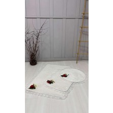 3'lü Krem  Özel Tasarım Jel Kaymaz Taban Post Peluş Banyo Paspas Takımı (60X100-60X50-50X50 (Oval)