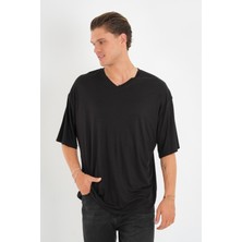 Alexander Gardi V Yaka Oversize T-Shirt %100 Pamuk Siyah Erkek Basic Kısa Kol