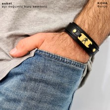 Archin Kova Burçalrı İçin 14 Ayar Altın Plakalı Doğal Siyah Derili Oval Motifli Hediye Bileklik-438BURÇ