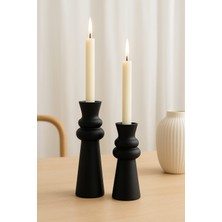 El Yapımı Siyah Ahşap Şamdan Seti (2'li) – 15 cm & 12.5 cm – Rustik Dekoratif Mumluk